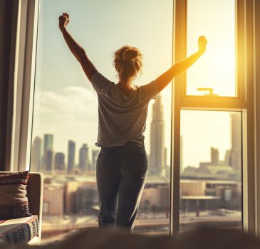 happy woman stretches and  opens curtains at window in morning