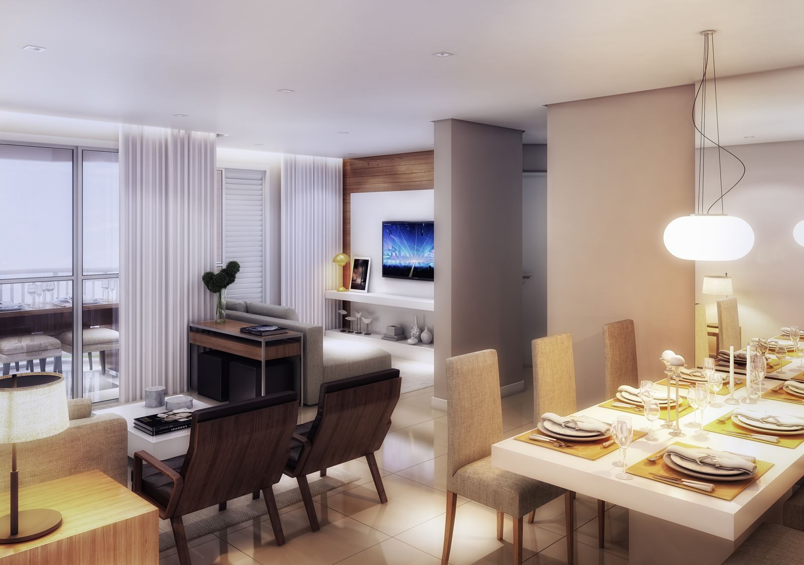 Living ampliado do apartamento do Residencial Santorini.